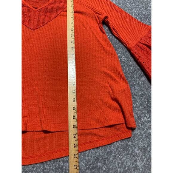 Free People Top Women Size PS Orange Eyelet Lace Bell Sleeve V Neck Boho - Picture 10 of 10